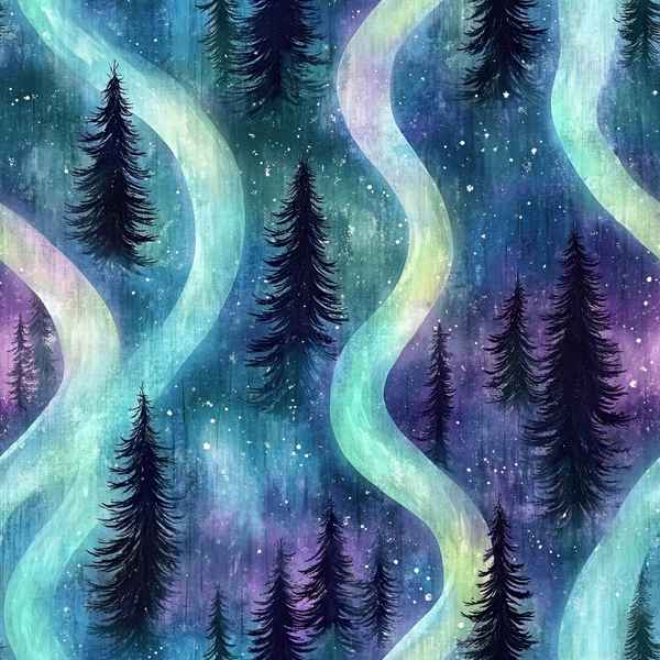 Abstract painting of silhouetted pine trees against a backdrop of swirling blue, green, and purple lines, resembling an aurora, with scattered white dots like stars.