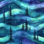 Illustration of a night landscape with wavy hills, evergreen trees, and a starry sky in shades of blue and green.