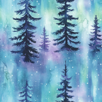 Watercolor illustration of pine trees against a backdrop of a northern lights sky. The scene features shades of blue, purple, and green, with small white specks resembling stars or snow.