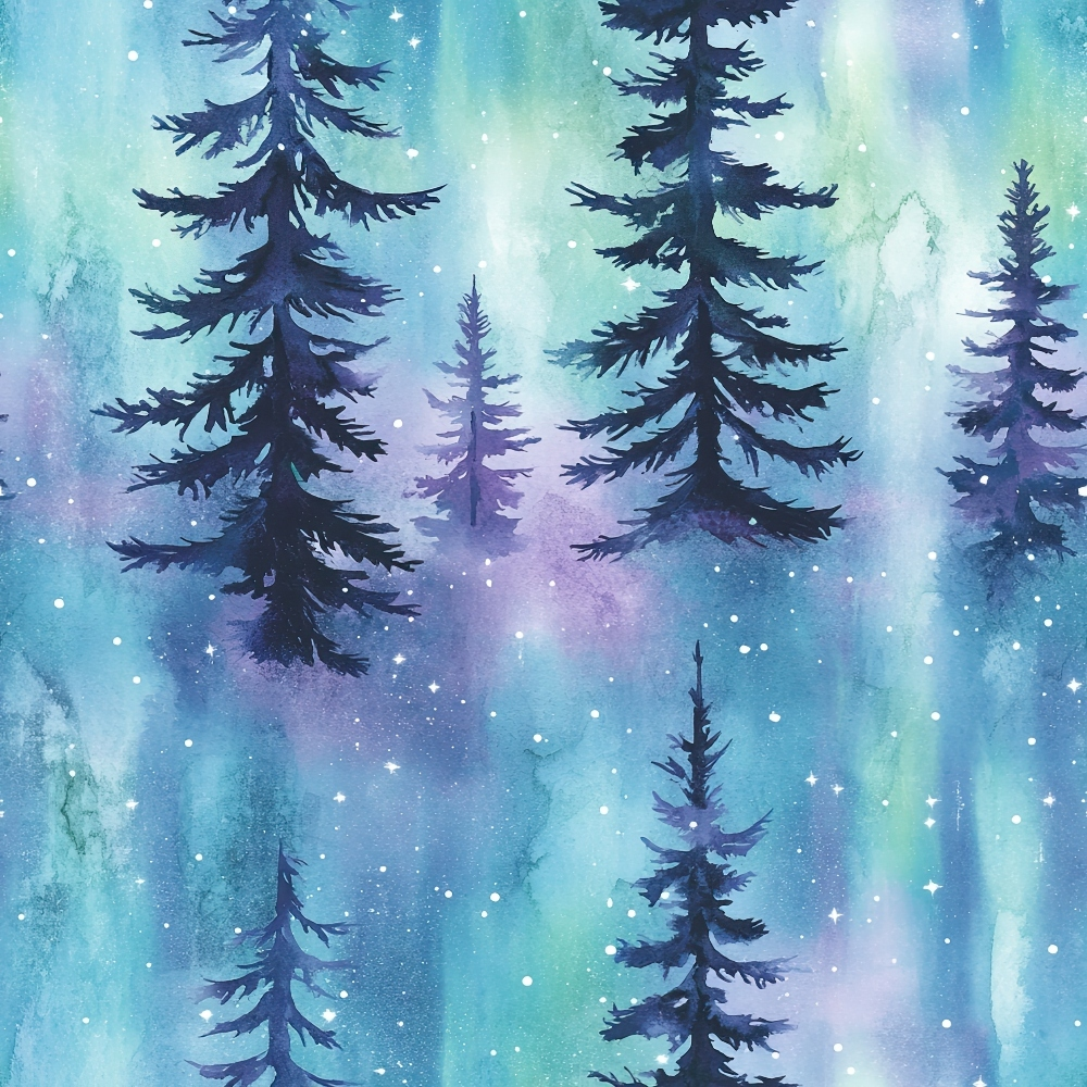 Watercolor illustration of pine trees against a backdrop of a northern lights sky. The scene features shades of blue, purple, and green, with small white specks resembling stars or snow.