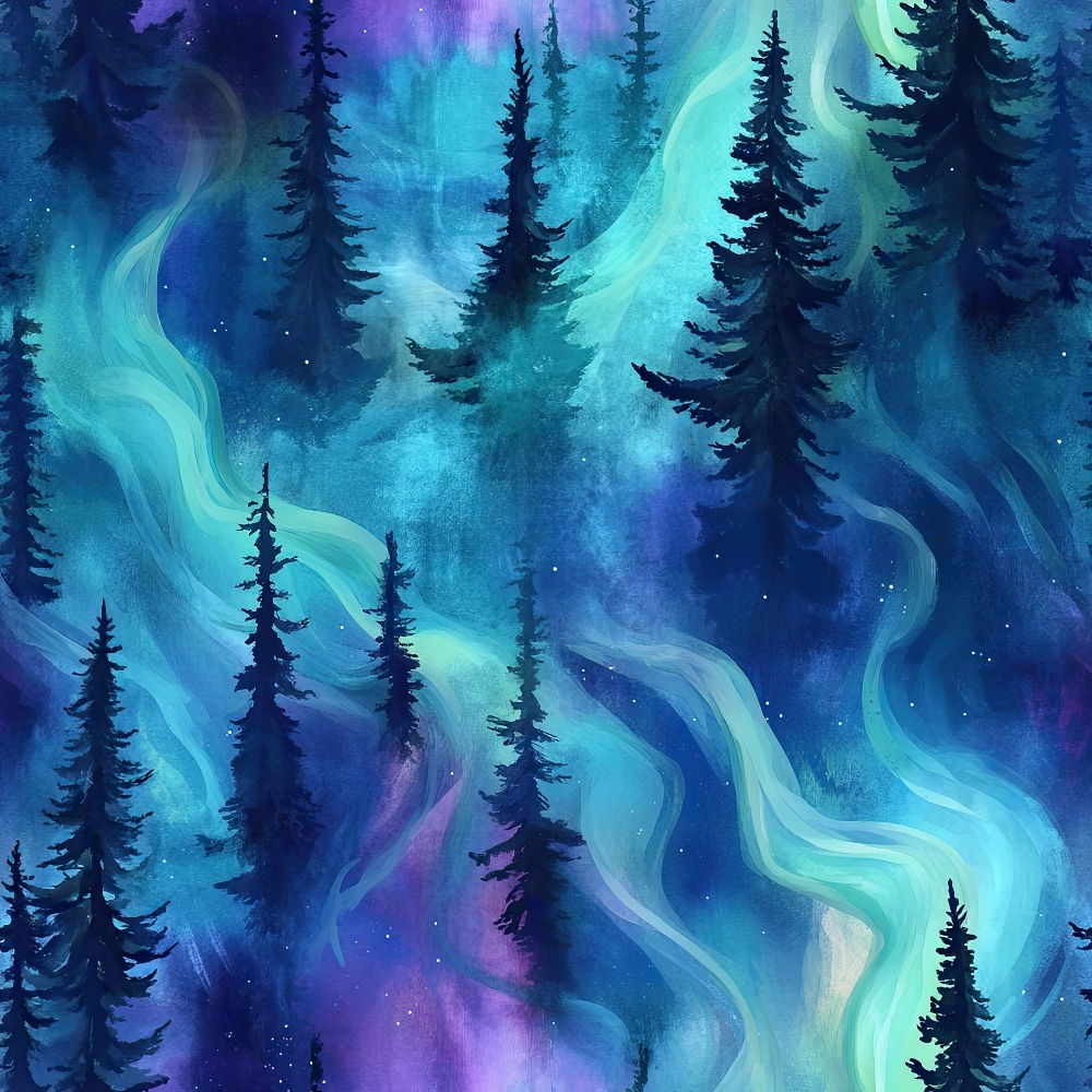 Illustration of a mystical forest with evergreen trees and swirling auroras in blue, purple, and green hues.
