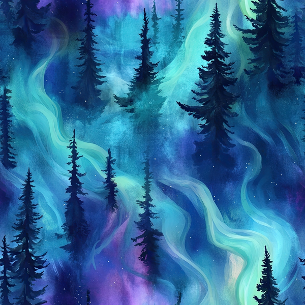 Illustration of a mystical forest with evergreen trees and swirling auroras in blue, purple, and green hues.