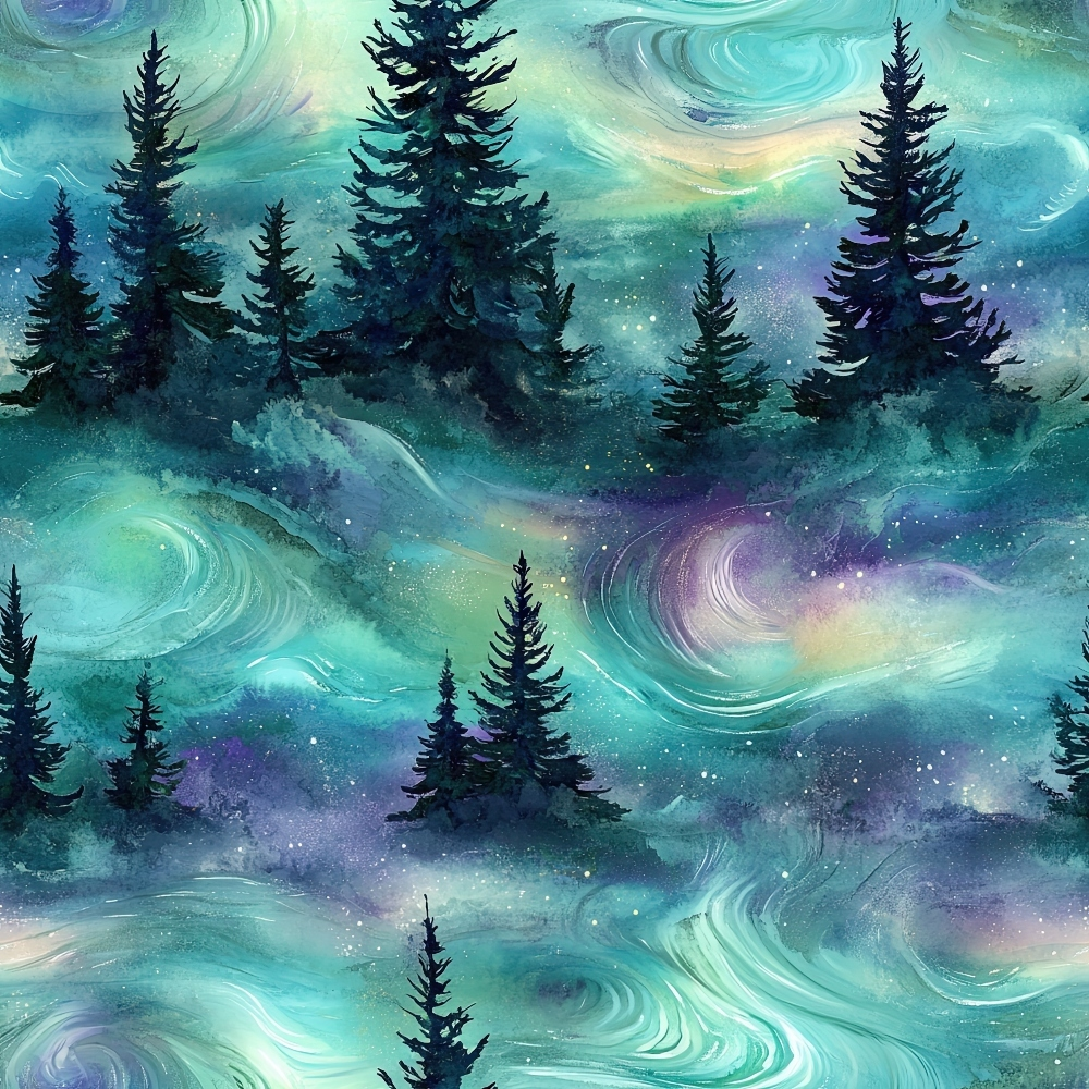 Seamless pattern of dark evergreen trees against a swirling, colorful aurora sky with shades of blue, green, and purple.