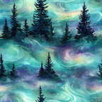Seamless pattern of dark evergreen trees against a swirling, colorful aurora sky with shades of blue, green, and purple.