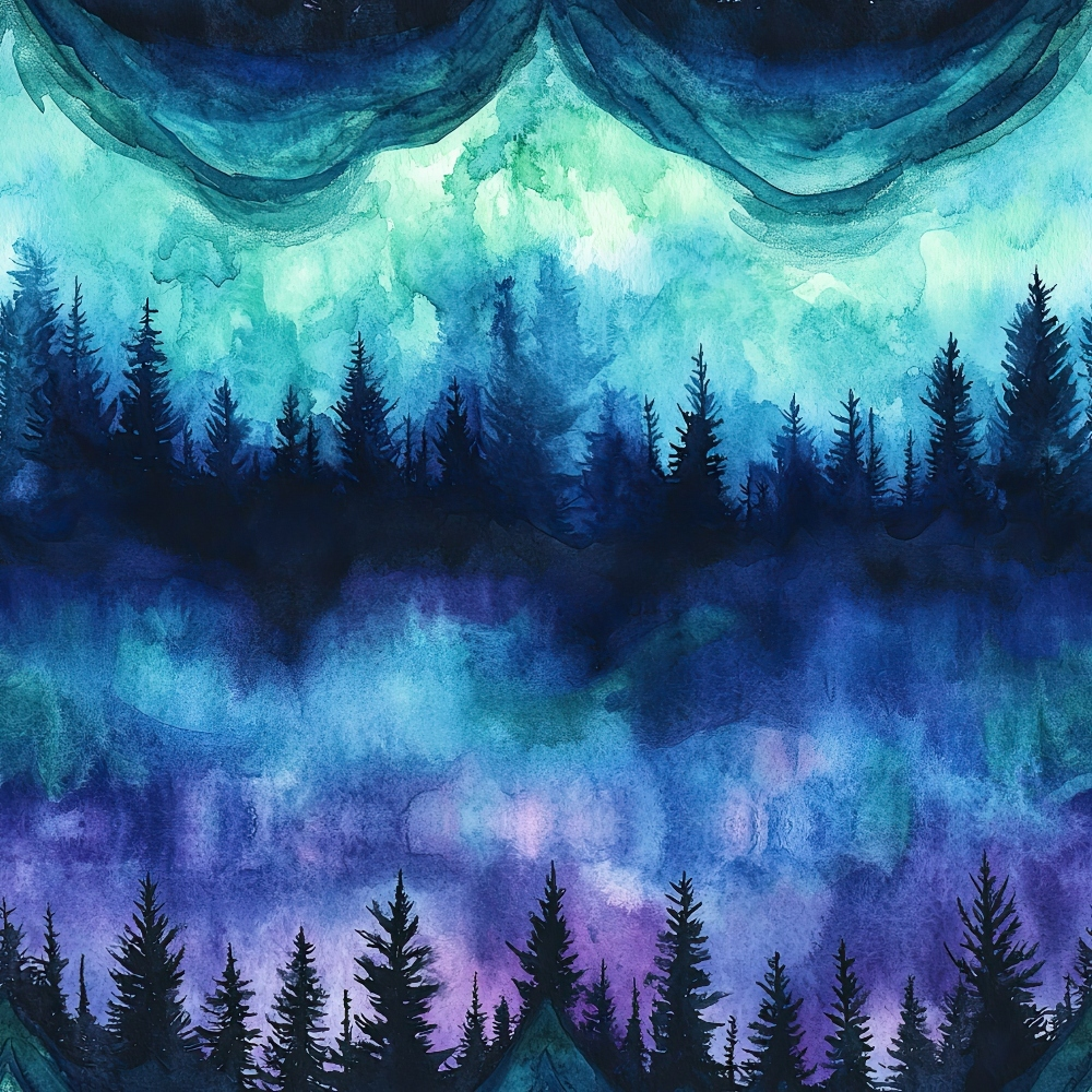 Watercolor painting of a forest silhouette under a vibrant aurora sky in shades of green, blue, and purple.