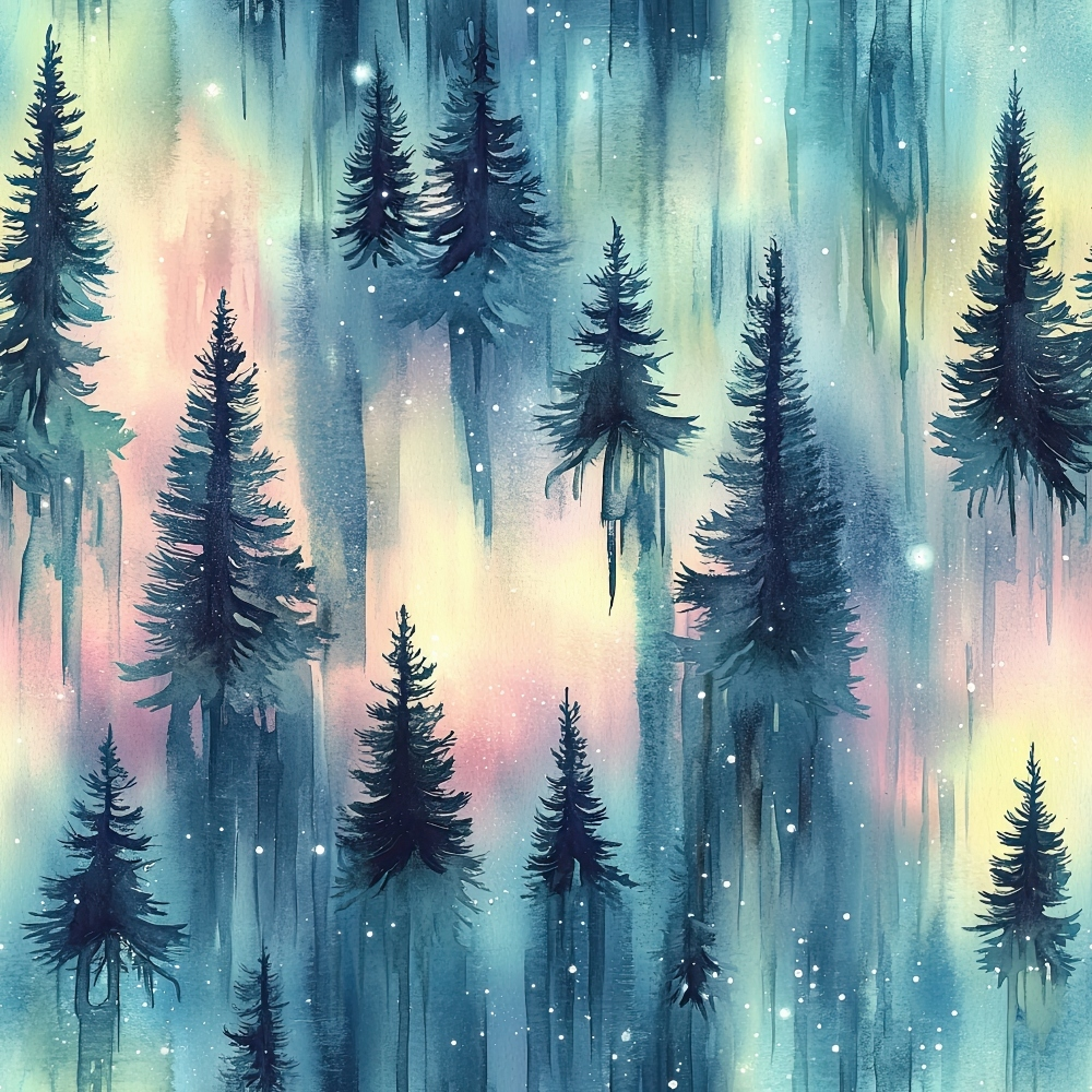 Watercolor painting of evergreen trees with a dreamy gradient background of blue, green, pink, and yellow tones, with white speckles resembling snowflakes.
