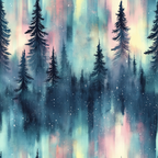 Watercolor painting of a forest with tall, dark trees on a colorful, abstract background of teal, pink, yellow, and blue. Snow-like specks are scattered across the scene.