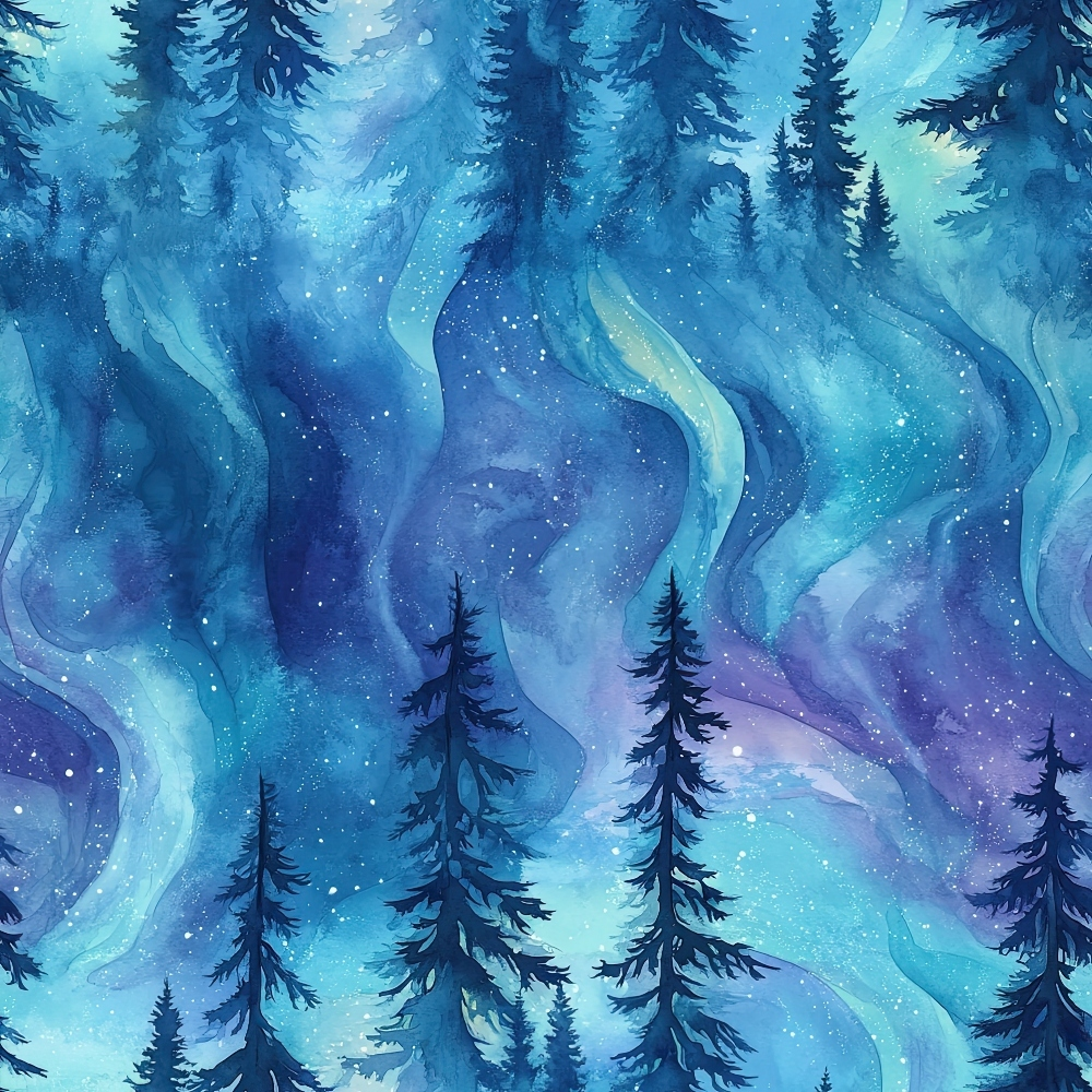 Watercolor illustration of a forest with tall trees against a swirling blue and purple sky, resembling the Northern Lights.