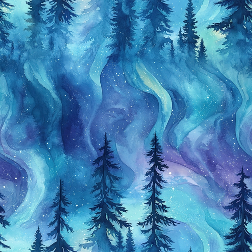 Watercolor illustration of a forest with tall trees against a swirling blue and purple sky, resembling the Northern Lights.