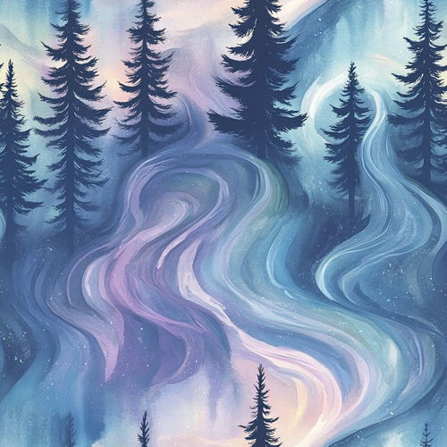 Abstract painting of a forest with flowing, colorful swirls in blues, pinks, and purples, featuring silhouetted trees.