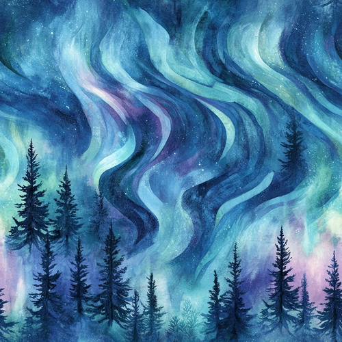 Northern lights with vibrant blue, green, and purple hues illuminate a forest of silhouetted pine trees under a starry sky.