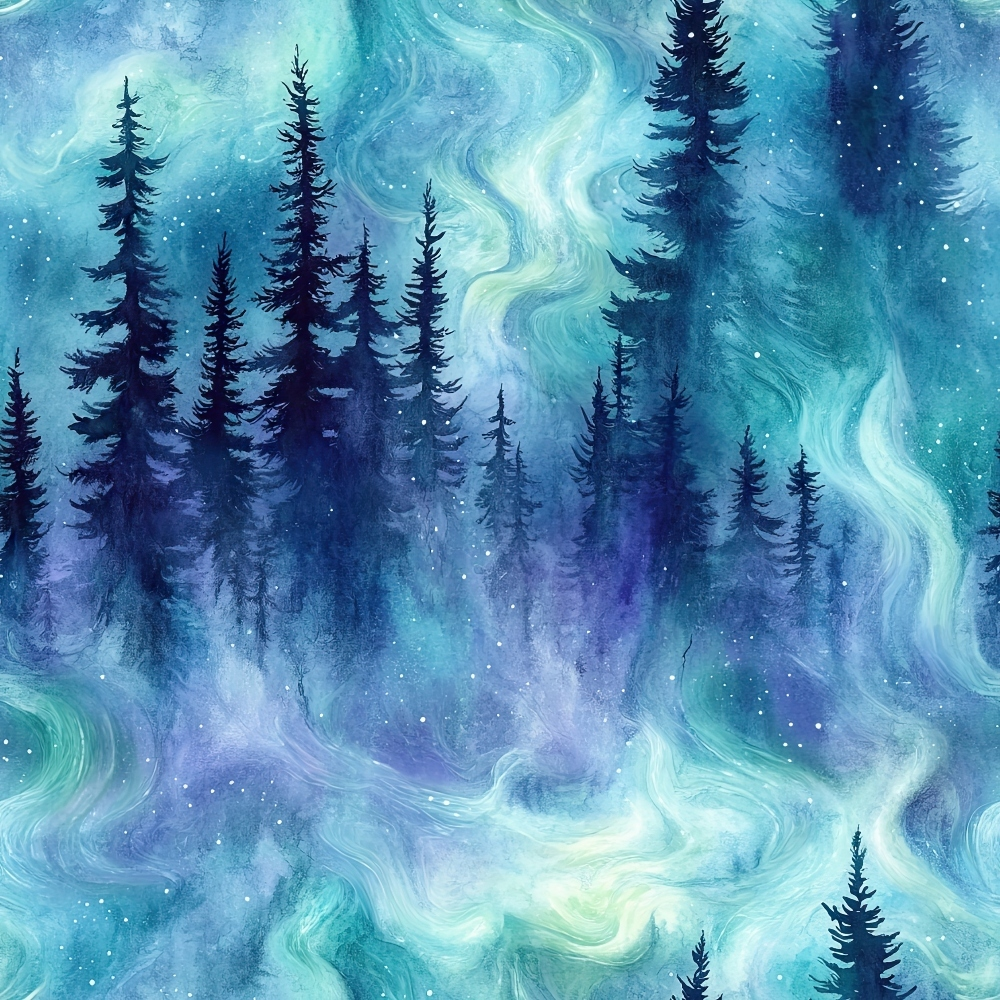 Abstract painting of a forest with tall, dark trees against a swirling backdrop of blue, green, and purple hues.