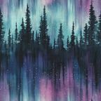 Watercolor painting of tall pine trees silhouetted against a starry night sky with shades of purple, blue, and teal.