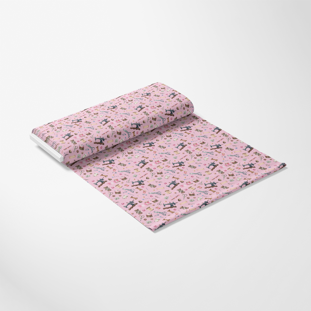 - Pink Old Sewing Elements Quilting Cotton Fabric  
- Sewing motifs  
- Vintage sewing tools  
- Quilting material  
- Soft cotton textile  
- Pastel pink background  
- Crafting fabric  
- Needlework design  
- Retro sewing elements  
- Textile yardage rolled out