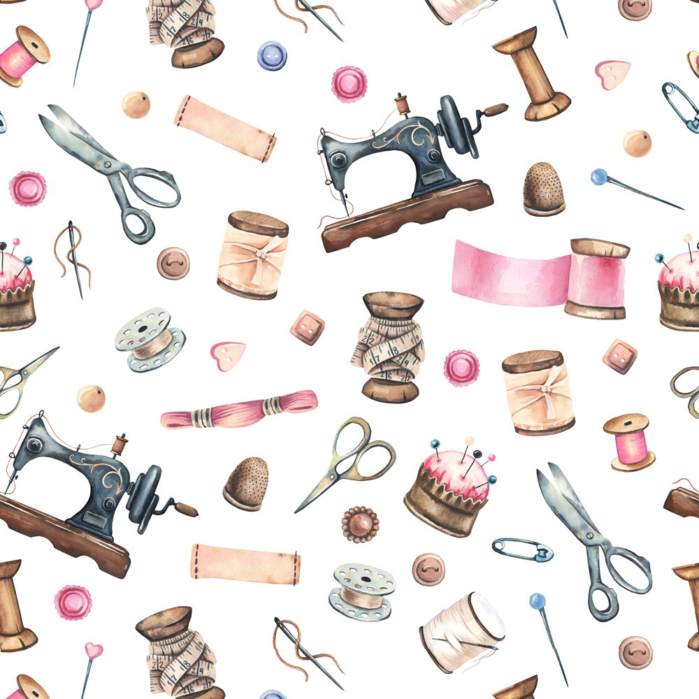 Seamless pattern featuring sewing tools including scissors, a sewing machine, thread spools, needles, buttons, and thimbles on a white background.