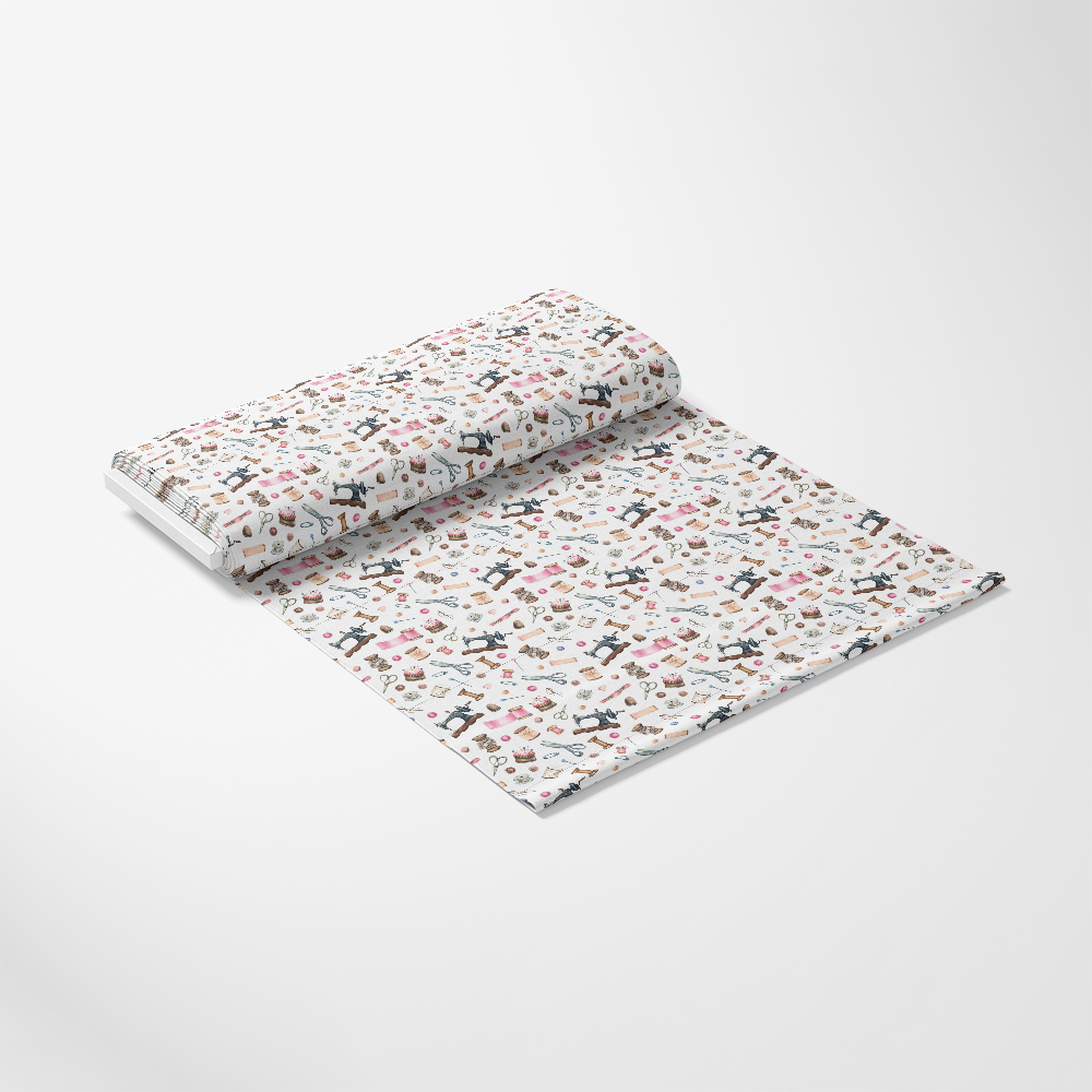 - White Old Sewing Elements Quilting Cotton Fabric  
- White fabric  
- Quilting cotton  
- Sewing themed pattern  
- Vintage sewing tools  
- Neutral colors  
- Beige, pink, black accents  
- Textured cotton fabric  
- Lightweight fabric  
- Craft fabric  
- Textile material  
- Printed cotton fabric  
- Soft quilting fabric