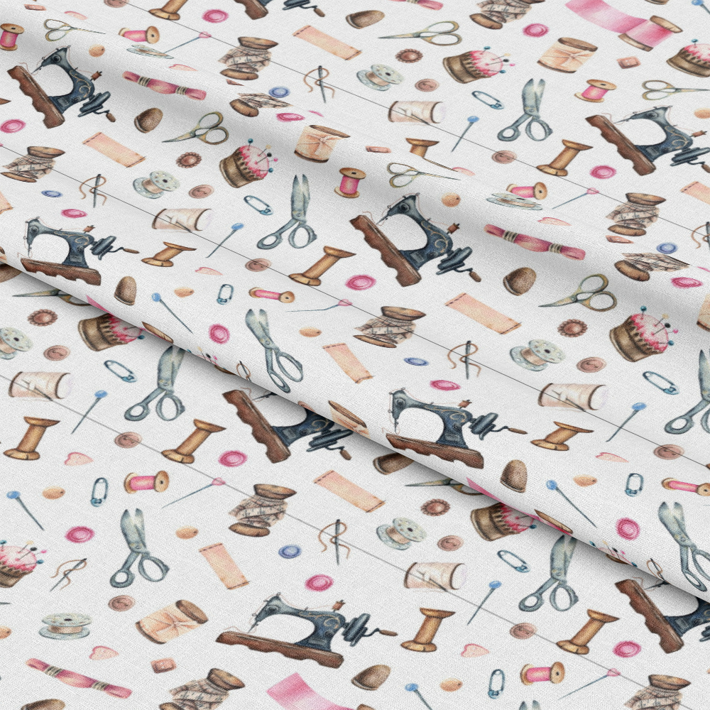 - White Old Sewing Elements Quilting Cotton Fabric  
- Vintage sewing machines  
- Scissors  
- Thread spools  
- Buttons  
- Measuring tapes  
- Sewing needles  
- Thimbles  
- Pin cushions  
- Pastel colors  
- Soft cotton texture  
- Quilting material  
- Crafting design  
- Textile fabric  
- Sewing themed pattern