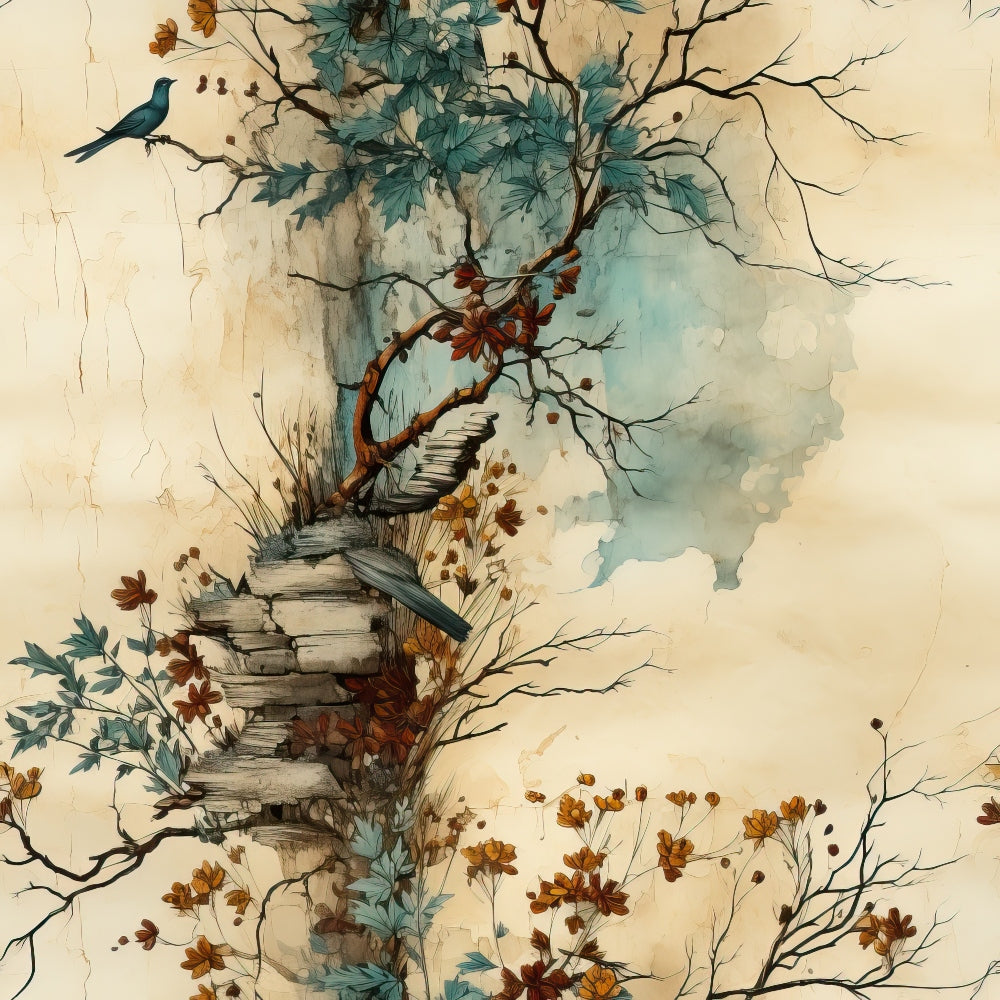 beige background, teal blue, rust orange, brown branches, stone steps, watercolor style, bird perched, autumn leaves, botanical elements, bare branches, weathered texture, nature scene,, fabric panel, vintage aesthetic, organic design, tree motif, seasonal foliage, artistic illustration