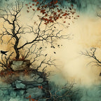 teal, sage green, cream, beige, rust orange, bare trees, twisted branches, autumn leaves, rocky landscape, stone formation, misty atmosphere, ethereal mood, nature scene, botanical design,, fabric panel, watercolor style, organic shapes, fall foliage, landscape art