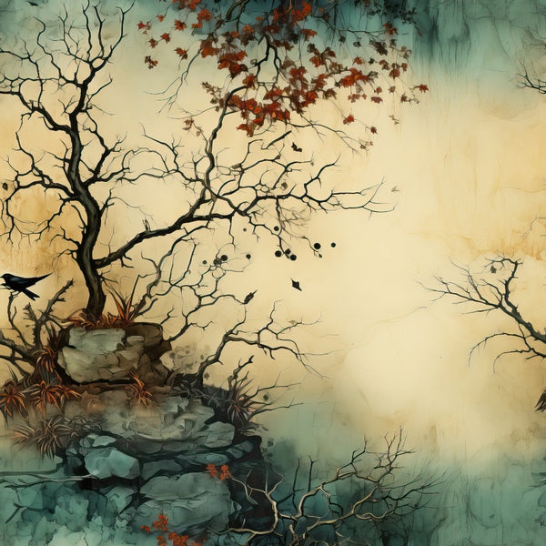 teal, sage green, cream, beige, rust orange, bare trees, twisted branches, autumn leaves, rocky landscape, stone formation, misty atmosphere, ethereal mood, nature scene, botanical design,, fabric panel, watercolor style, organic shapes, fall foliage, landscape art