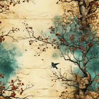 fabric panel, autumn tree, falling leaves, bird perched, watercolor style, cream background, teal blue, rust orange, brown branches, nature scene, botanical design, vintage aesthetic, soft pastels, organic patterns, seasonal motif, delicate artwork, nature inspired, tranquil mood, cotton fabric