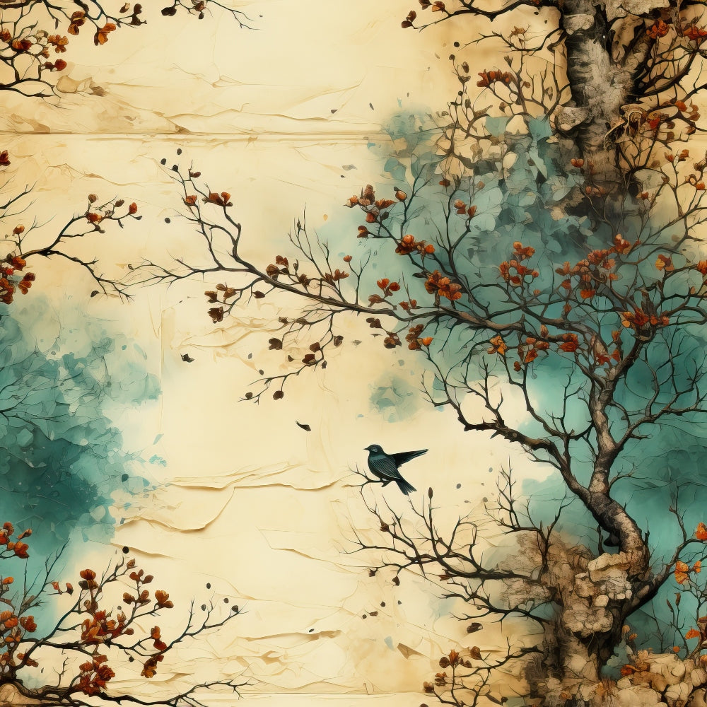 fabric panel, autumn tree, falling leaves, bird perched, watercolor style, cream background, teal blue, rust orange, brown branches, nature scene, botanical design, vintage aesthetic, soft pastels, organic patterns, seasonal motif, delicate artwork, nature inspired, tranquil mood, cotton fabric