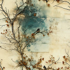 autumn leaves, bare branches, small birds, watercolor style, teal blue, cream background, orange leaves, brown leaves, tree silhouettes,, fabric panel, nature scene, fall theme, artistic splatters, organic branches, perched birds, seasonal motif, soft textures, botanical design, muted palette