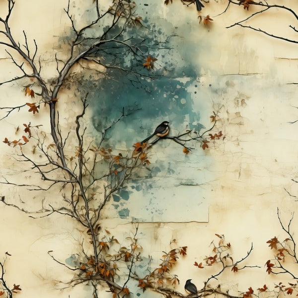 autumn leaves, bare branches, small birds, watercolor style, teal blue, cream background, orange leaves, brown leaves, tree silhouettes,, fabric panel, nature scene, fall theme, artistic splatters, organic branches, perched birds, seasonal motif, soft textures, botanical design, muted palette
