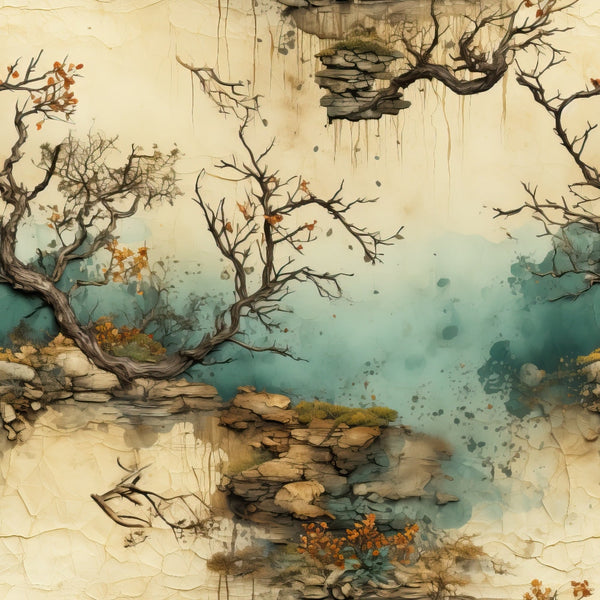 watercolor painting, ancient trees, bare branches, autumn leaves, teal blue, sage green, cream beige, rocky landscape, stone formations, weathered bark, misty atmosphere, nature scene, botanical art, earthy tones,, fabric panel, serene landscape, organic patterns, natural elements, artistic watercolor