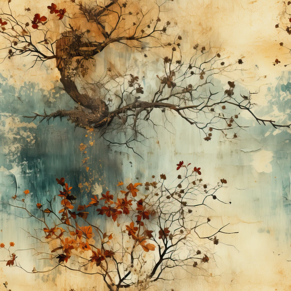 autumn tree, gnarled branches, falling leaves, vintage botanical, weathered texture, antiqued background, rust orange, burnt sienna, sage green, cream beige, nature scene, twisted trunk, seasonal foliage, artistic watercolor,, fabric panel, distressed finish, organic branches, earthy tones, botanical illustration