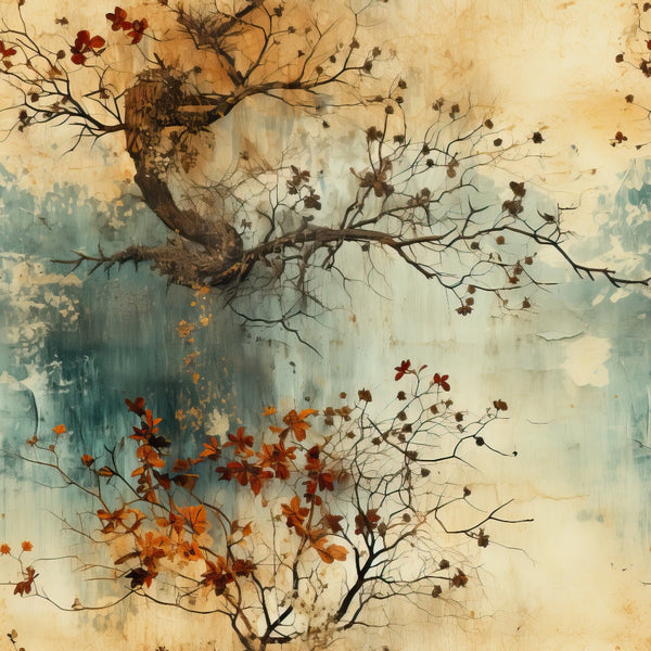 autumn tree, gnarled branches, falling leaves, vintage botanical, weathered texture, antiqued background, rust orange, burnt sienna, sage green, cream beige, nature scene, twisted trunk, seasonal foliage, artistic watercolor,, fabric panel, distressed finish, organic branches, earthy tones, botanical illustration