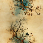 autumn leaves, falling leaves, bare branches, tree silhouettes, weathered texture, vintage patina, cream background, teal accents, rust colors, brown tones, botanical design, nature scene,, fabric panel, seasonal motifs, wind-blown leaves, organic shapes, earthy palette, textured appearance, maple leaves