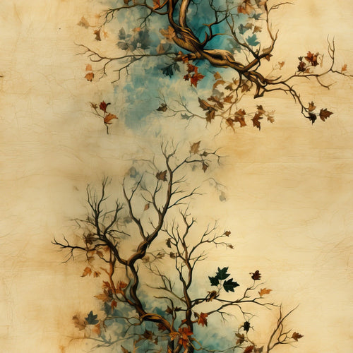 autumn leaves, falling leaves, bare branches, tree silhouettes, weathered texture, vintage patina, cream background, teal accents, rust colors, brown tones, botanical design, nature scene,, fabric panel, seasonal motifs, wind-blown leaves, organic shapes, earthy palette, textured appearance, maple leaves