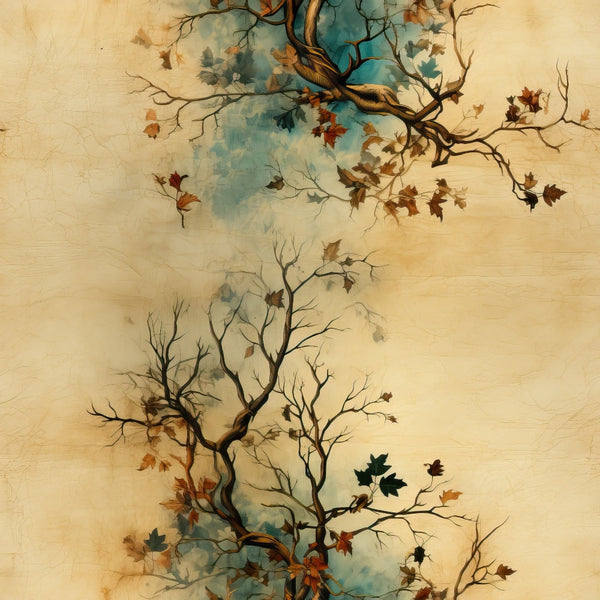 autumn leaves, falling leaves, bare branches, tree silhouettes, weathered texture, vintage patina, cream background, teal accents, rust colors, brown tones, botanical design, nature scene,, fabric panel, seasonal motifs, wind-blown leaves, organic shapes, earthy palette, textured appearance, maple leaves