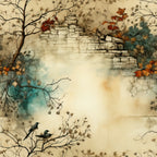 beige, cream, teal, orange, autumn leaves, bare branches, stone wall, ruins, black birds, watercolor style, vintage illustration, fall foliage, botanical elements, nature scene,, fabric panel, muted tones, weathered texture, seasonal motifs, artistic rendering