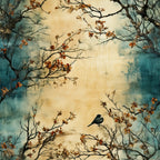 autumn leaves, bird silhouette, tree branches, teal blue, warm beige, orange foliage, nature scene,, fabric panel, vintage style, moody atmosphere, bare branches, fall colors, botanical design, peaceful setting, watercolor effect, rustic charm, seasonal motif, outdoor scene