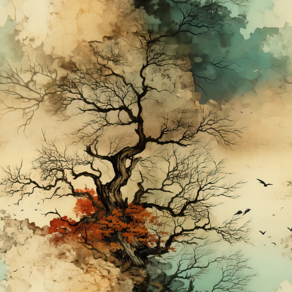 beige, sage green, orange, rust, bare tree, gnarled branches, flying birds, watercolor style, moody atmosphere, storm clouds, autumn foliage, twisted trunk, dramatic sky,, fabric panel, nature scene, windswept, atmospheric, painterly