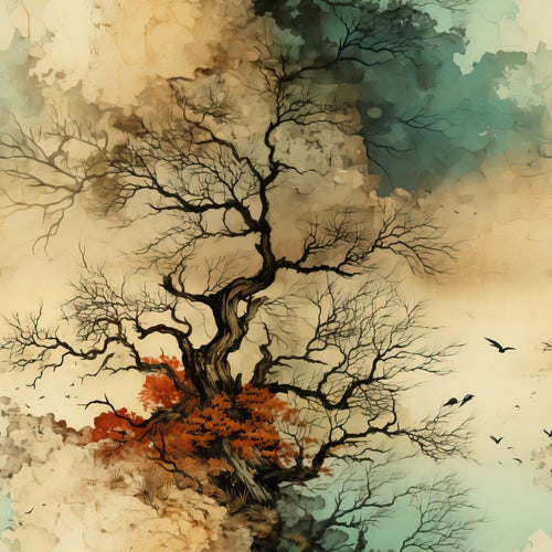 beige, sage green, orange, rust, bare tree, gnarled branches, flying birds, watercolor style, moody atmosphere, storm clouds, autumn foliage, twisted trunk, dramatic sky,, fabric panel, nature scene, windswept, atmospheric, painterly