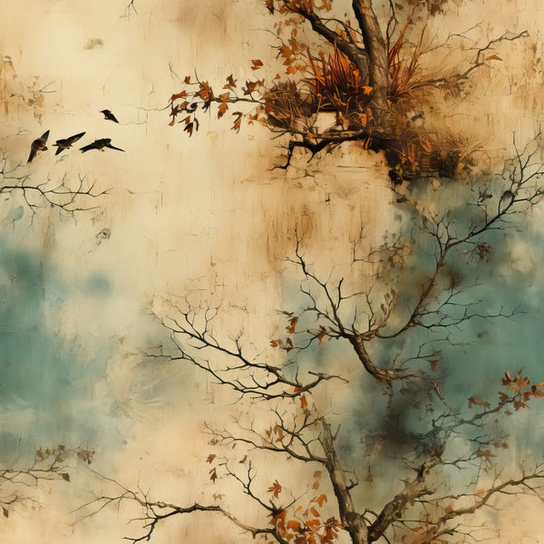autumn foliage, bare branches, flying birds, weathered texture, beige tones, sage green, burnt orange, rustic trees, vintage style,, fabric panel, seasonal design, nature scene, distressed finish, earthy palette, fall colors, botanical motif, organic patterns, nostalgic mood