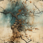 old tree, gnarled branches, autumn leaves, orange foliage, teal blue, cream background, weathered bark, twisted trunk, botanical design, nature scene, watercolor style, aged patina,, fabric panel, earthy tones, organic pattern, fallen leaves, misty atmosphere, artistic rendering, rustic mood