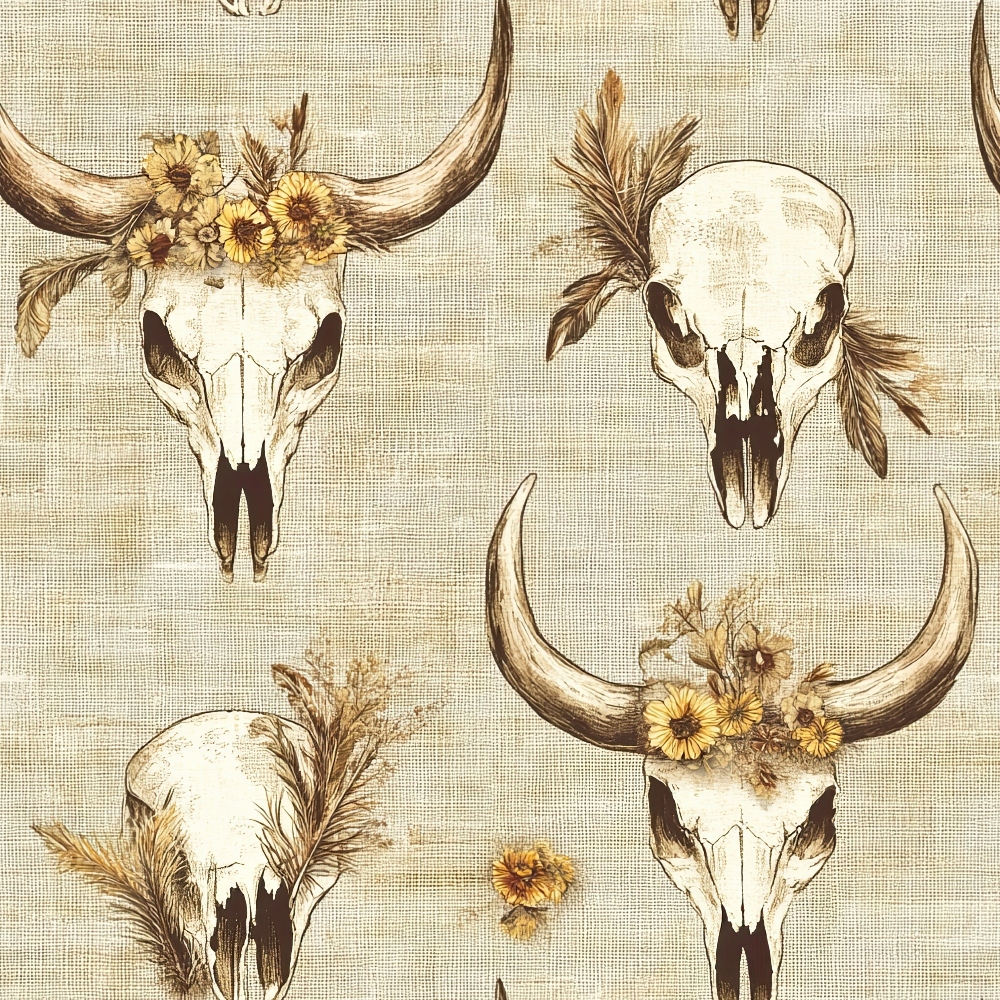 beige, cream, brown, yellow, cattle skulls, bull skulls, horns, feathers, sunflowers, western theme, rustic, boho style, southwestern, animal skulls, floral accents,, fabric panel, desert motif, country style, earthy tones