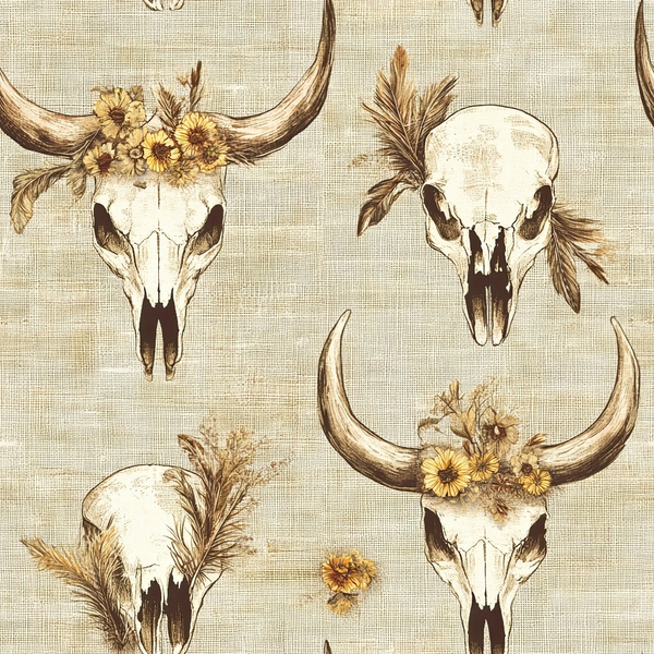 beige, cream, brown, yellow, cattle skulls, bull skulls, horns, feathers, sunflowers, western theme, rustic, boho style, southwestern, animal skulls, floral accents,, fabric panel, desert motif, country style, earthy tones