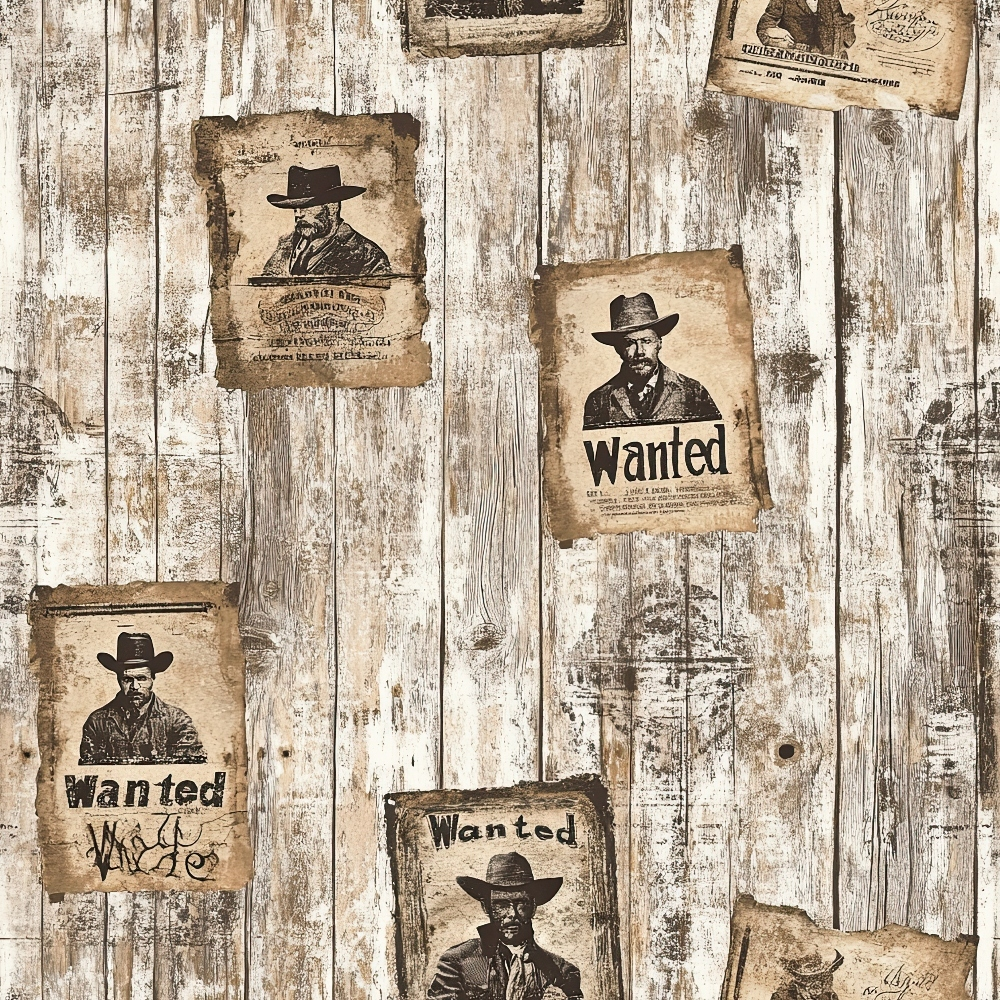 wanted posters, western theme, cowboys, vintage brown, sepia tones, weathered wood, distressed planks, outlaw portraits, rustic panels,, aged paper, frontier style, masculine design, nostalgic atmosphere, historical figures, wild west, antique finish, wooden boards, fabric panel, cowboy hats