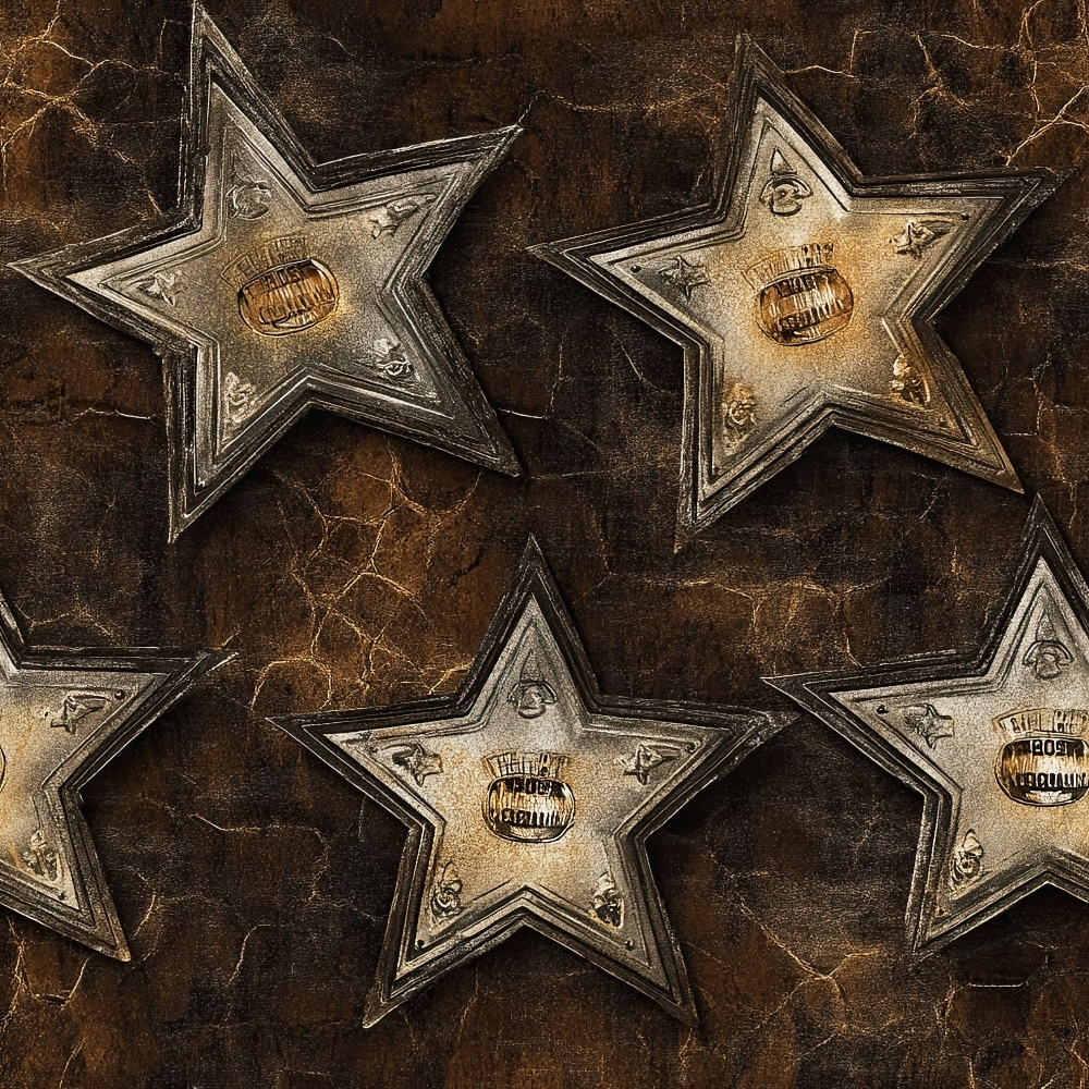 brown, bronze, gold, metallic, western stars, sheriff badges, vintage style, distressed texture, cowboy theme, rustic design,, fabric panel, aged appearance, embossed look, dimensional stars, western motifs, antique finish, cracked surface, geometric pattern