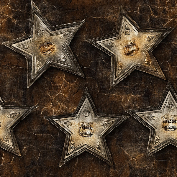brown, bronze, gold, metallic, western stars, sheriff badges, vintage style, distressed texture, cowboy theme, rustic design,, fabric panel, aged appearance, embossed look, dimensional stars, western motifs, antique finish, cracked surface, geometric pattern