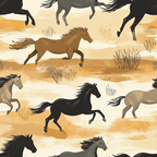 horses, wild horses, galloping, beige, tan, brown, black, cream, western theme, prairie grass, desert landscape, equestrian, mustangs, running horses, earth tones, southwestern, ranch style, cotton fabric, quilting panel, seamless pattern, wildlife, open range