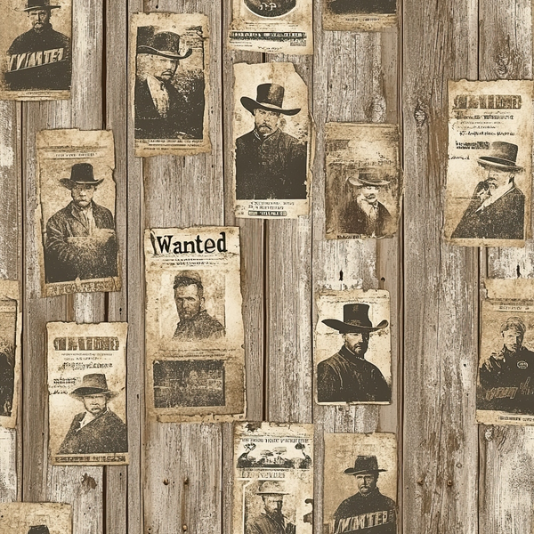 sepia tones, beige, brown, cream, vintage wanted posters, old west outlaws, cowboy portraits, weathered wood planks, rustic barn wood, distressed paper, victorian era men, mustached figures, black hats, western theme, aged photographs, antiqued finish,, fabric panel, frontier style, lawmen mugshots