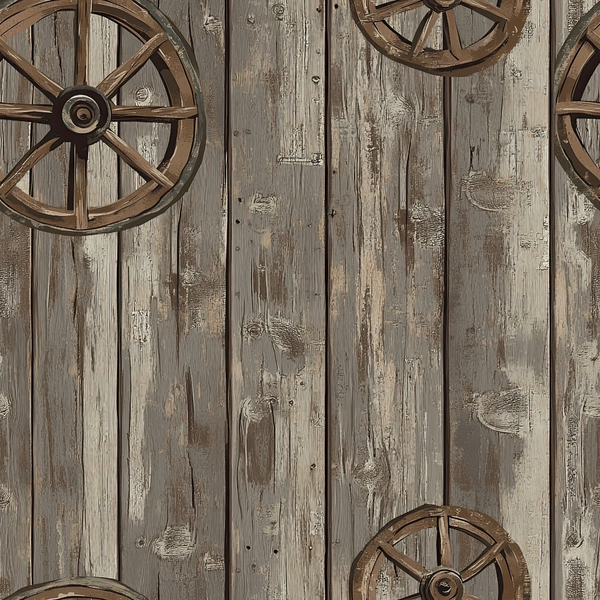 weathered wood, wagon wheels, rustic brown, taupe, beige, western theme, vintage wheels, wood planks, distressed texture, barn wood, country style,, fabric panel, rustic pattern, old west, farmhouse, antique wheels, wooden background, rural design, cowboy theme