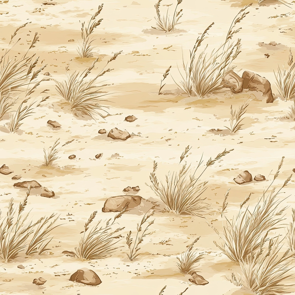 beige, tan, cream, desert landscape, sparse grass, rocks, stones, arid terrain, western theme, range pattern,, fabric panel, minimalist design, neutral tones, desert plants, scattered vegetation, earthy palette, dusty ground, open plains, natural scenery