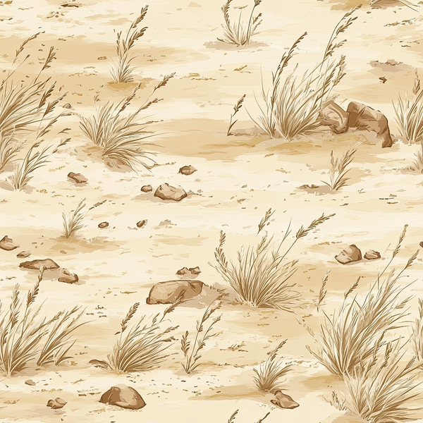 beige, tan, cream, desert landscape, sparse grass, rocks, stones, arid terrain, western theme, range pattern,, fabric panel, minimalist design, neutral tones, desert plants, scattered vegetation, earthy palette, dusty ground, open plains, natural scenery